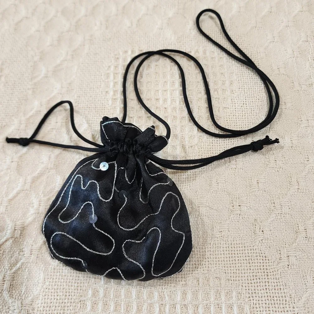 Vintage Mirror Compact + Black Satin Silver Stitching Sequin Evening Bag Purse